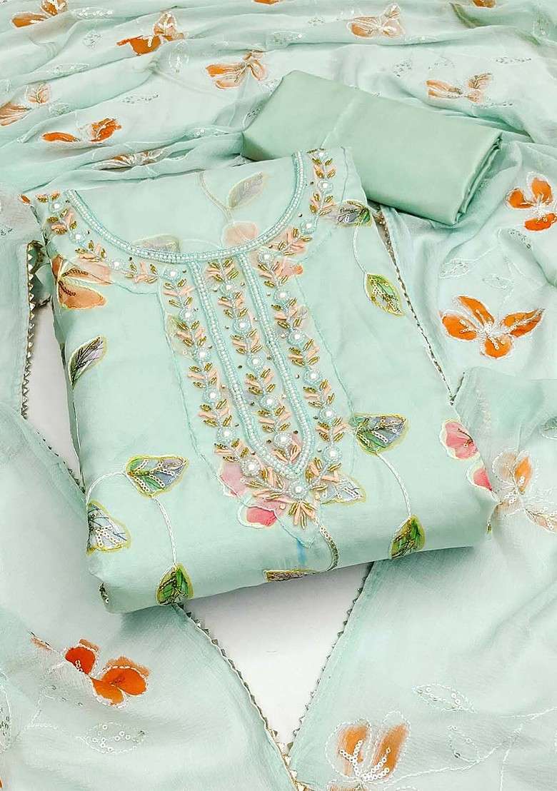Sea Green Embellished Organza Kurta Set - Indya