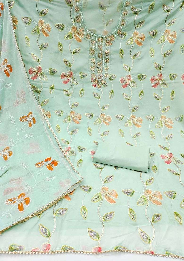 Sea Green Embellished Organza Kurta Set - Indya