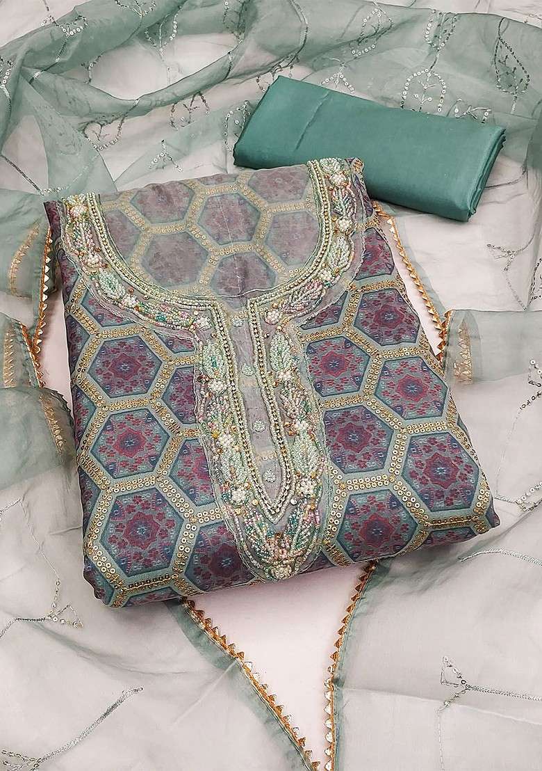 Sea Green Printed Organza Pakistani Suit Set - Indya