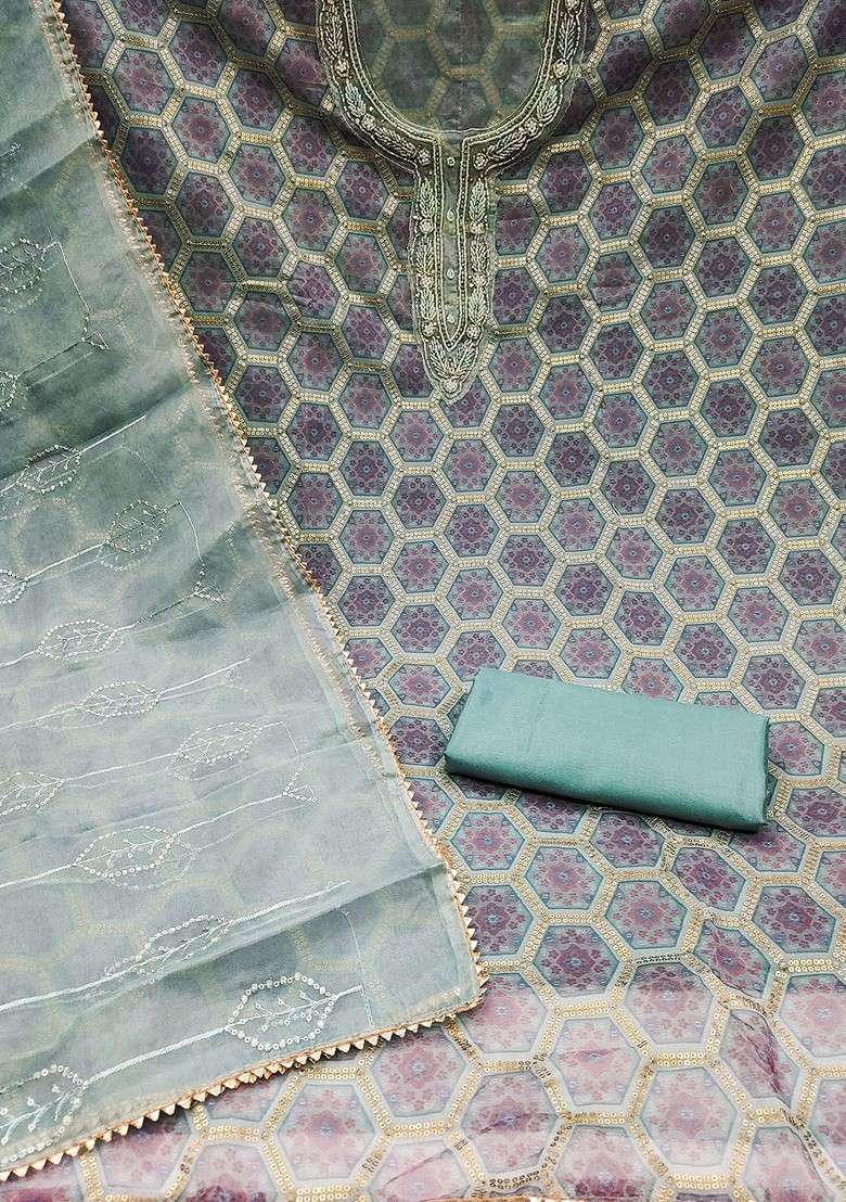 Sea Green Printed Organza Pakistani Suit Set - Indya