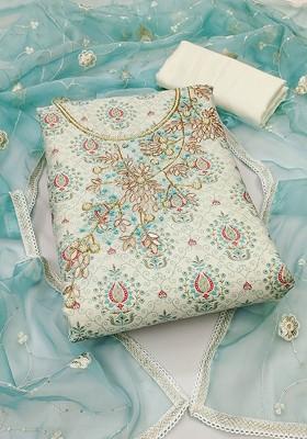 Off White Printed Poly Blend Kurta Set