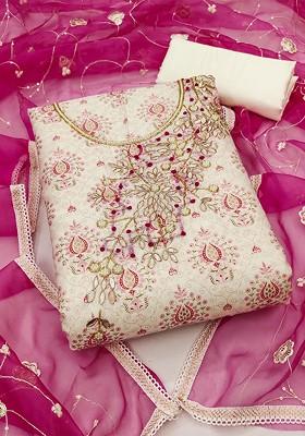 Off White Floral Print Poly Blend Kurta Set