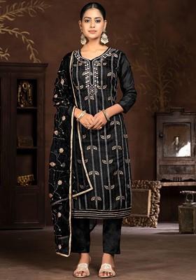 Black Floral Print Poly Blend Kurta Set