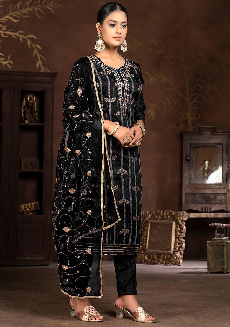 Black Floral Print Poly Blend Kurta Set - Indya
