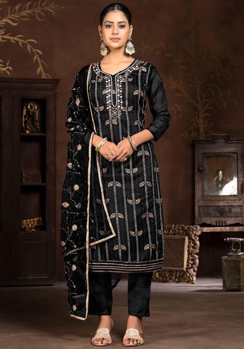 Black Floral Print Poly Blend Kurta Set