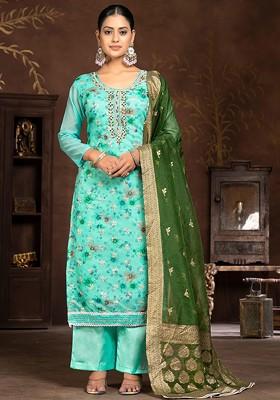 Sea Green Floral Print Poly Blend Kurta Set