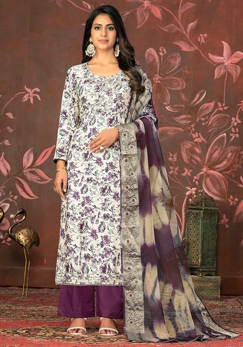 White Floral Print Blended Straight Kurta Set
