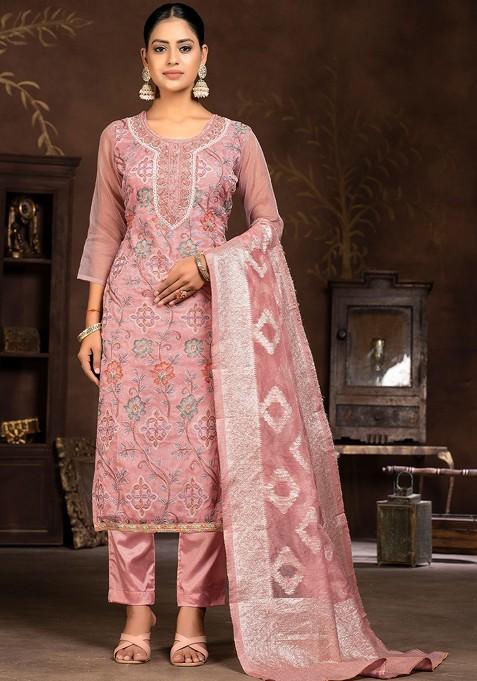 Pink Embroidered Organza Kurta Set