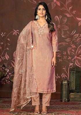 Peach Embroidered Poly Blend Kurta Set