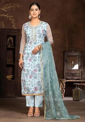 Blue Embellished Organza Kurta Set