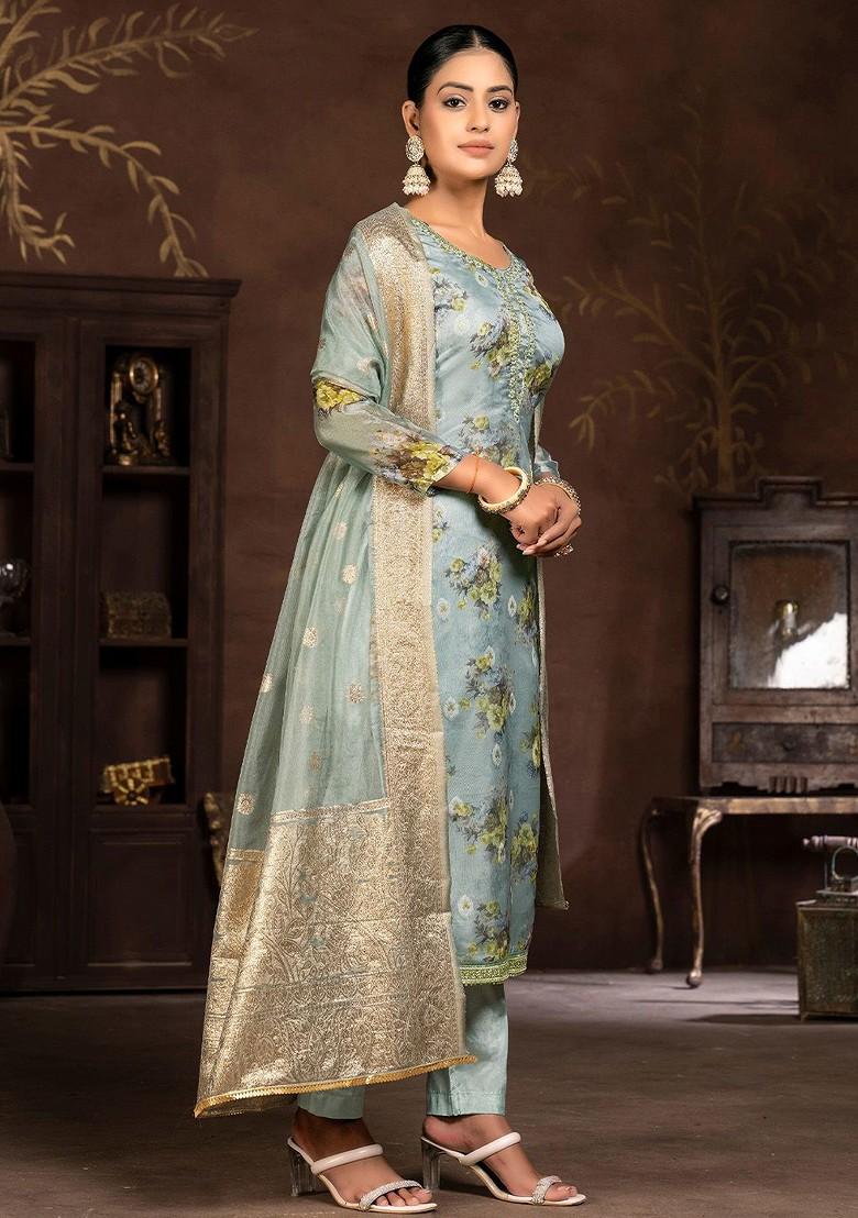 Grey Printed Organza Kurta Set - Indya