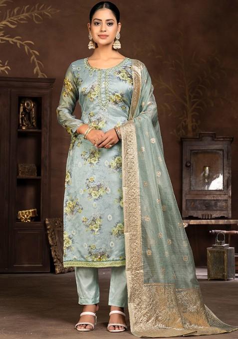 Grey Printed Organza Kurta Set
