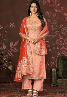 Peach Embellished Organza Kurta Set