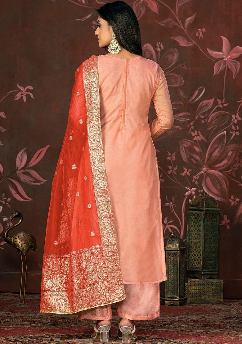 Peach Embellished Organza Kurta Set - Indya