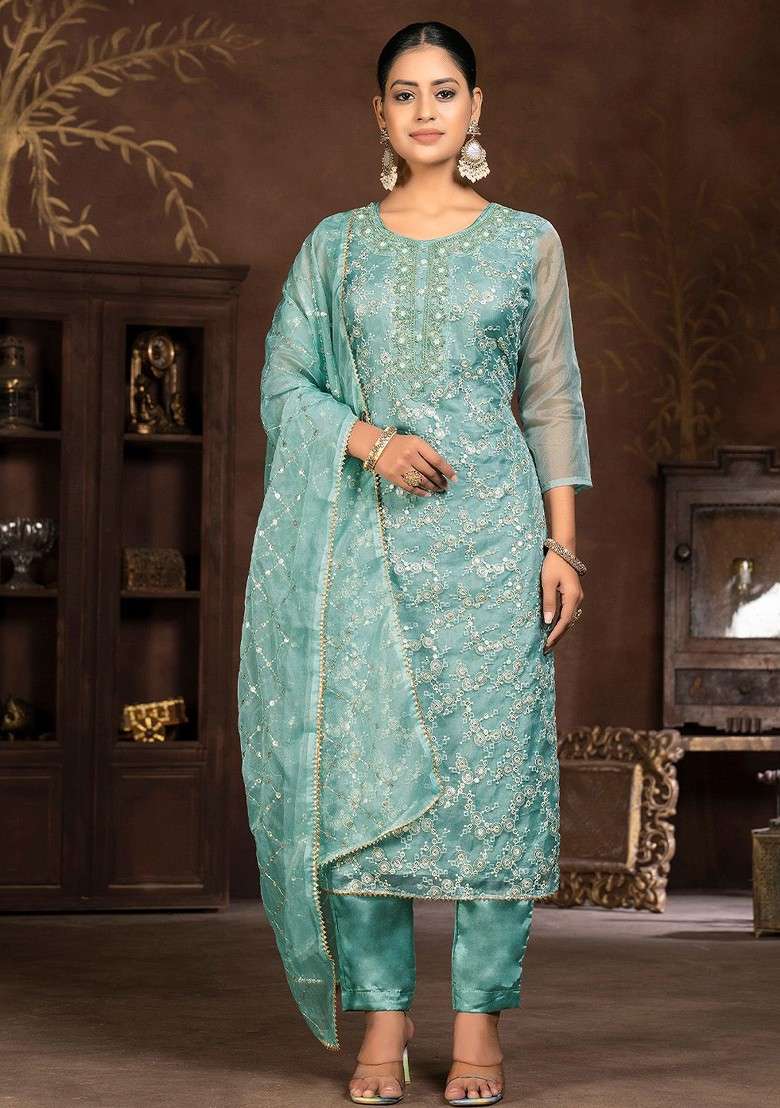 Sea Green Embellished Organza Kurta Set - Indya
