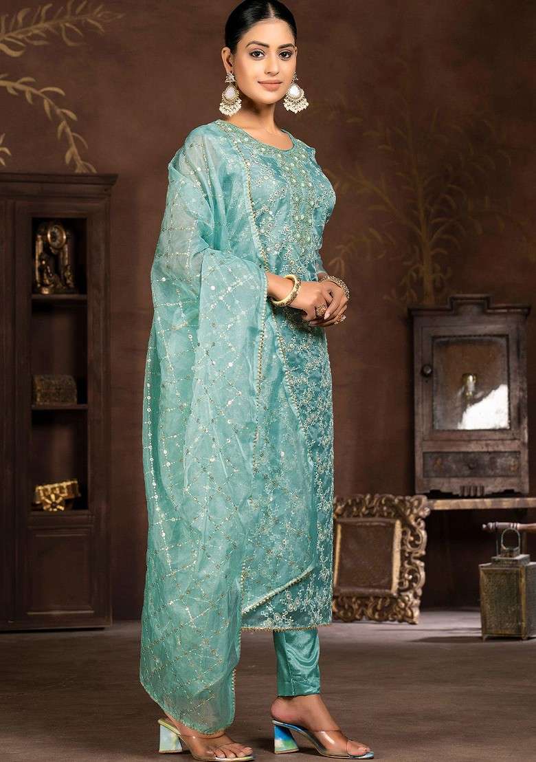 Sea Green Embellished Organza Kurta Set - Indya
