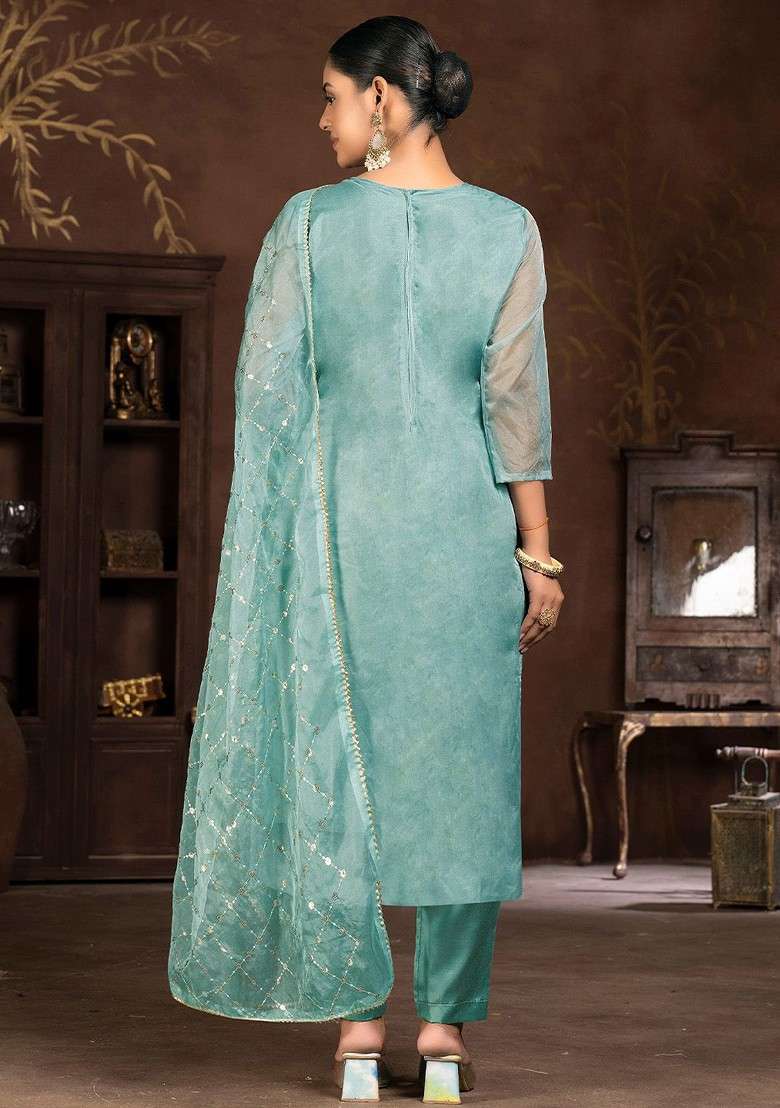 Sea Green Embellished Organza Kurta Set - Indya