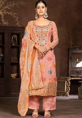 Peach Printed Organza Kurta Set