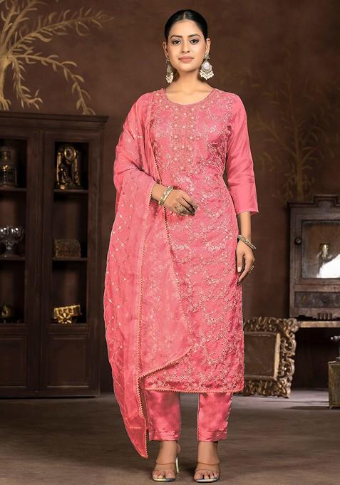 Peach Embellished Organza Kurta Set