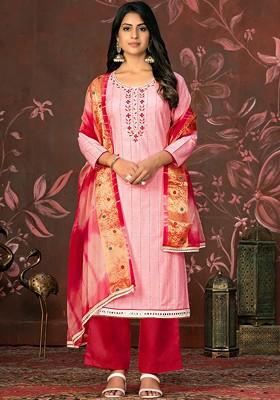 Peach Embroidered Poly Blend Kurta Set