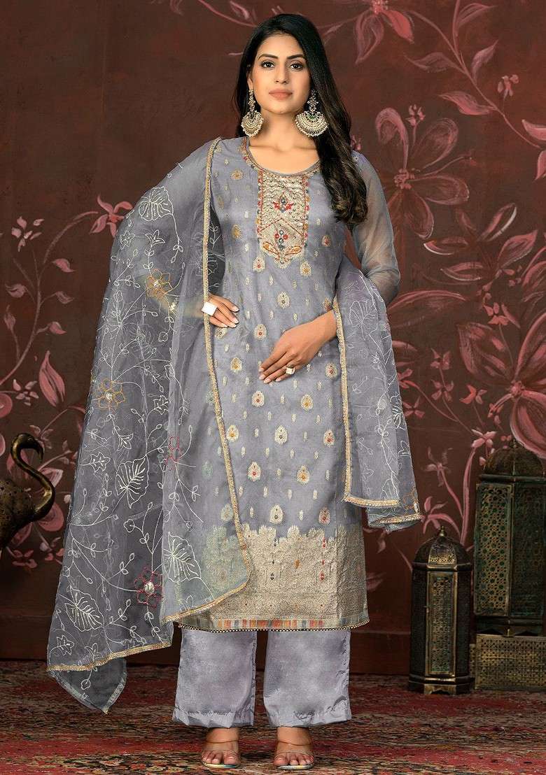 Grey Embellished Poly Blend Kurta Set - Indya