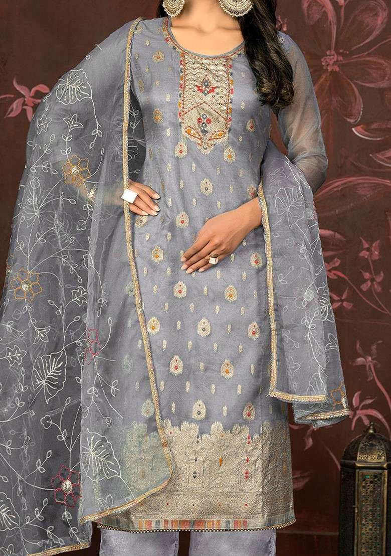 Grey Embellished Poly Blend Kurta Set - Indya