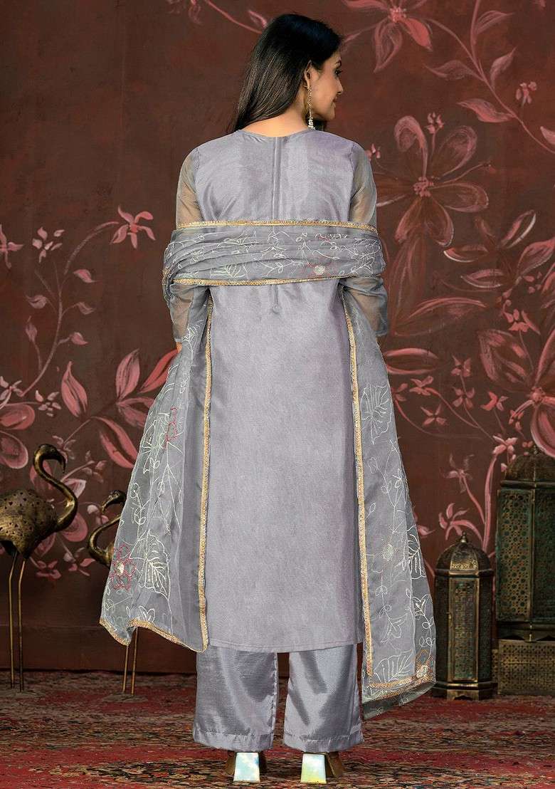 Grey Embellished Poly Blend Kurta Set - Indya