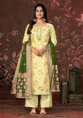 Yellow Printed Poly Blend Kurta Set
