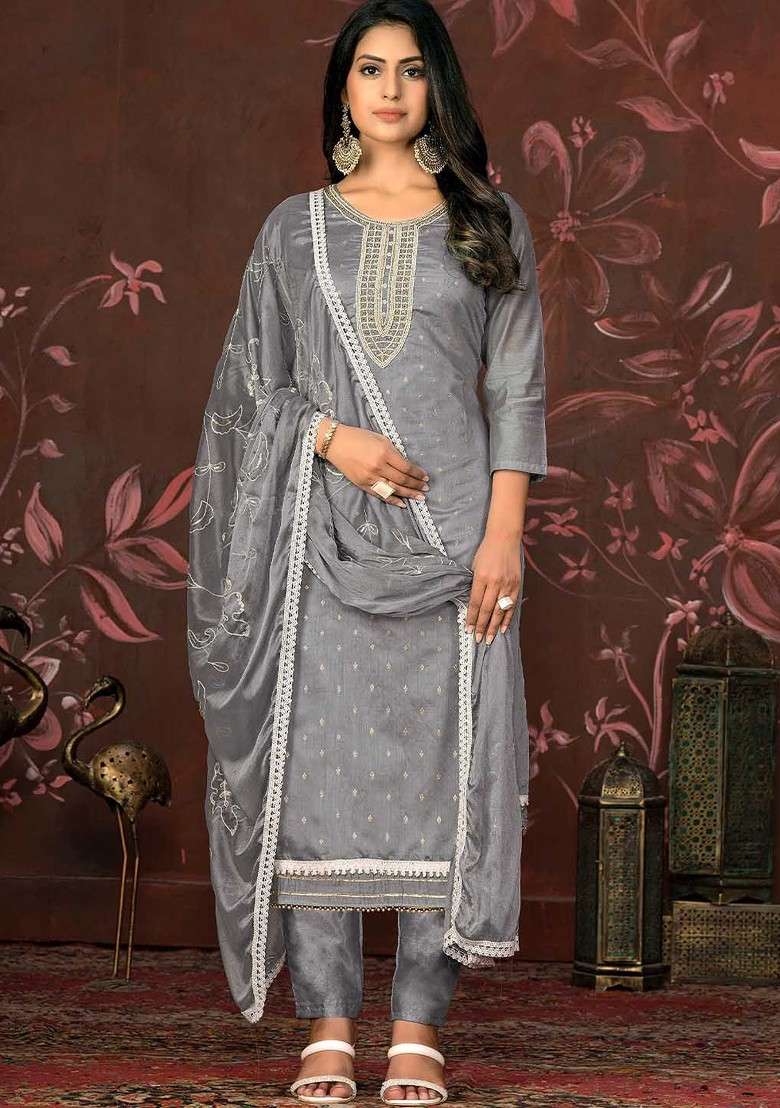 Grey Embroidered Blended Straight Kurta Set - Indya