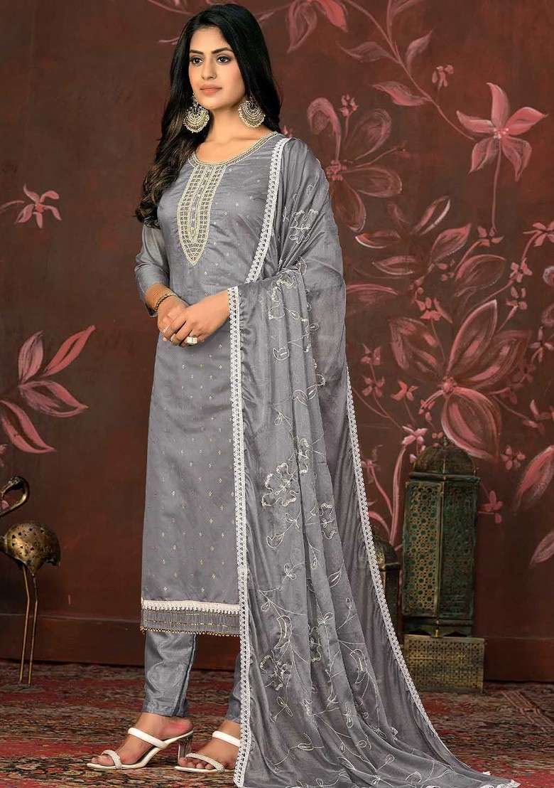 Grey Embroidered Blended Straight Kurta Set - Indya