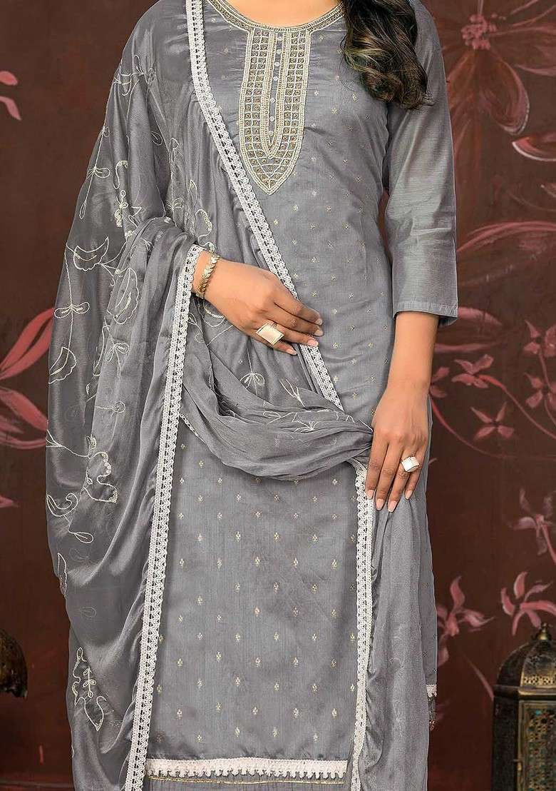 Grey Embroidered Blended Straight Kurta Set - Indya
