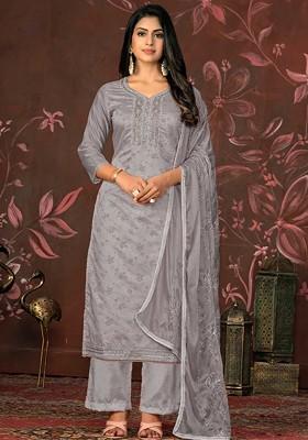 Grey Floral Print Poly Blend Kurta Set