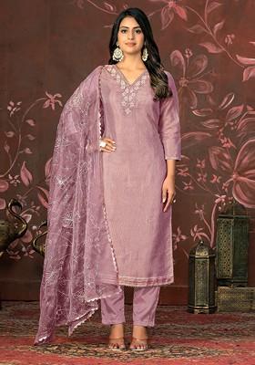 Purple Embellished Poly Blend Kurta Set