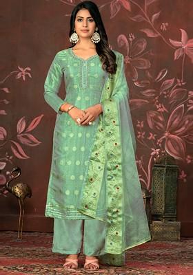 Sea Green Woven Poly Blend Kurta Set