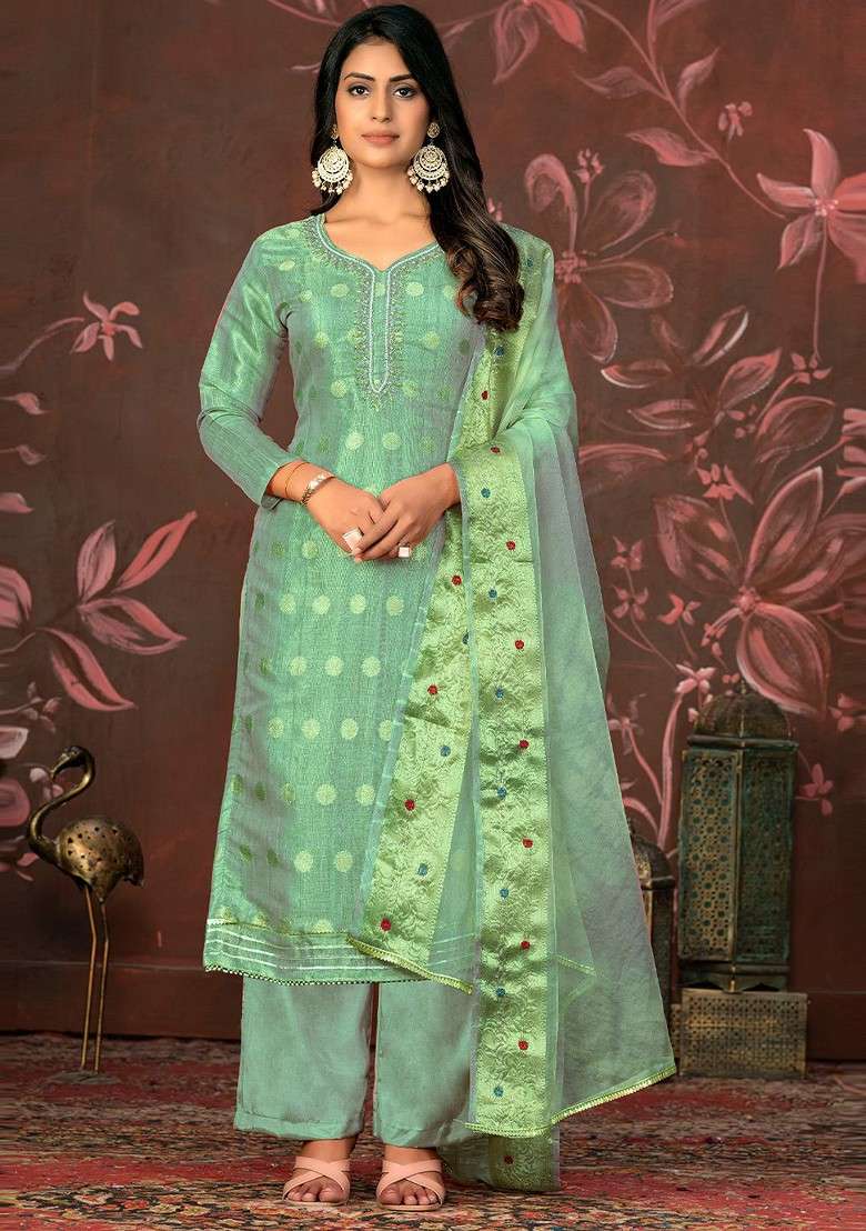 Sea Green Embroidered Poly Straight Kurta Set - Indya