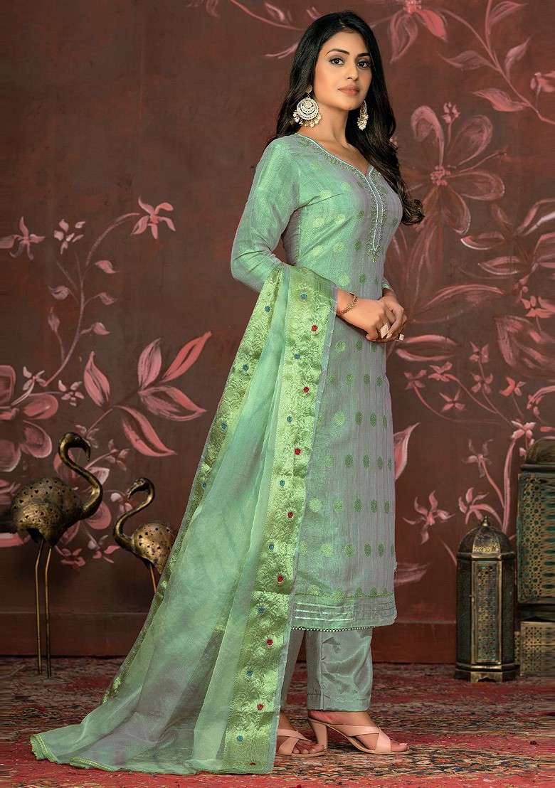 Sea Green Embroidered Poly Straight Kurta Set - Indya