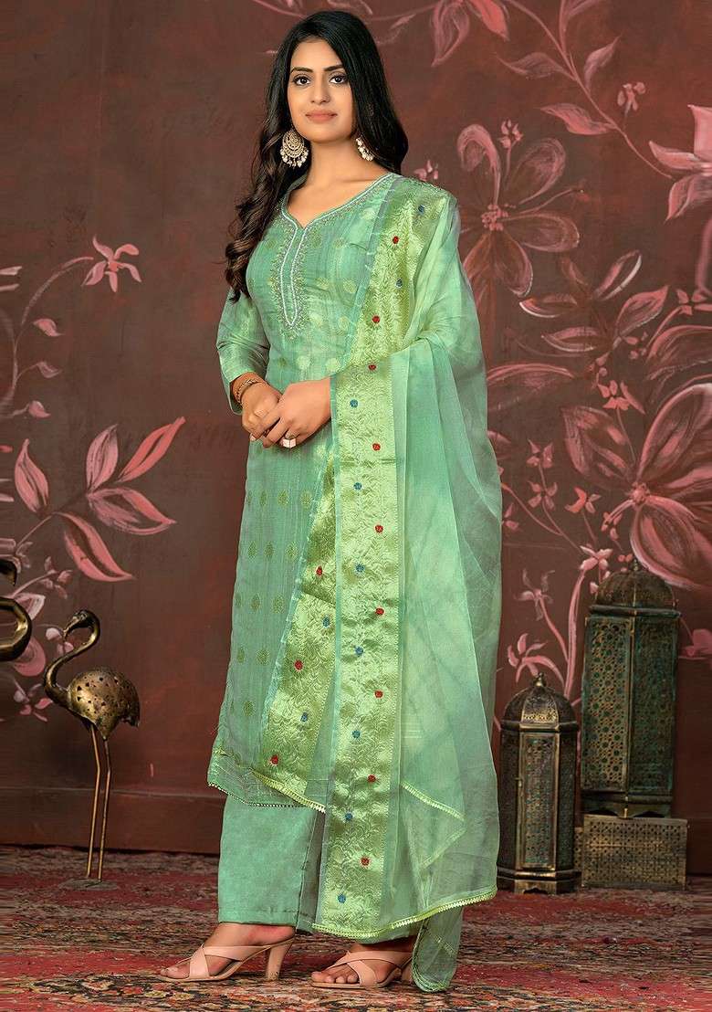 Sea Green Embroidered Poly Straight Kurta Set - Indya