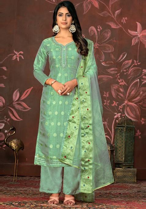 Sea Green Embroidered Poly Straight Kurta Set