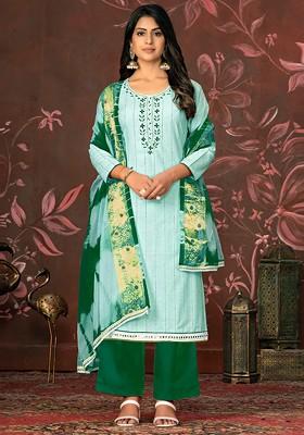 Sea Green Bead Embroidered Poly Blend Kurta Set