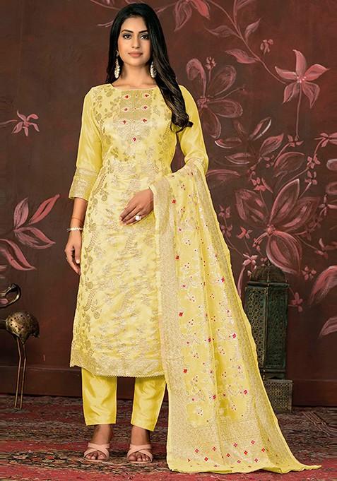 Yellow Embellished Poly Blend Kurta Set