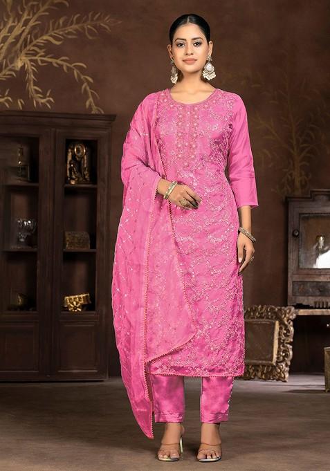 Pink Embroidered Organza Kurta Set