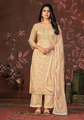 Beige Embellished Poly Blend Kurta Set