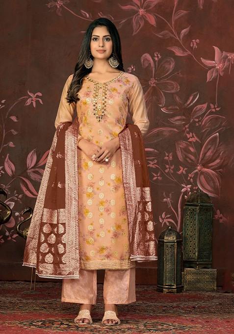 Peach Printed Poly Blend Kurta Set