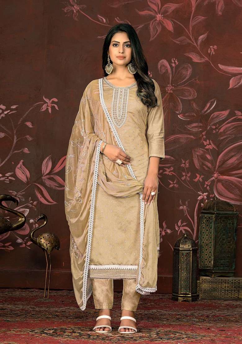 Beige Embroidered Blended Straight Kurta Set - Indya