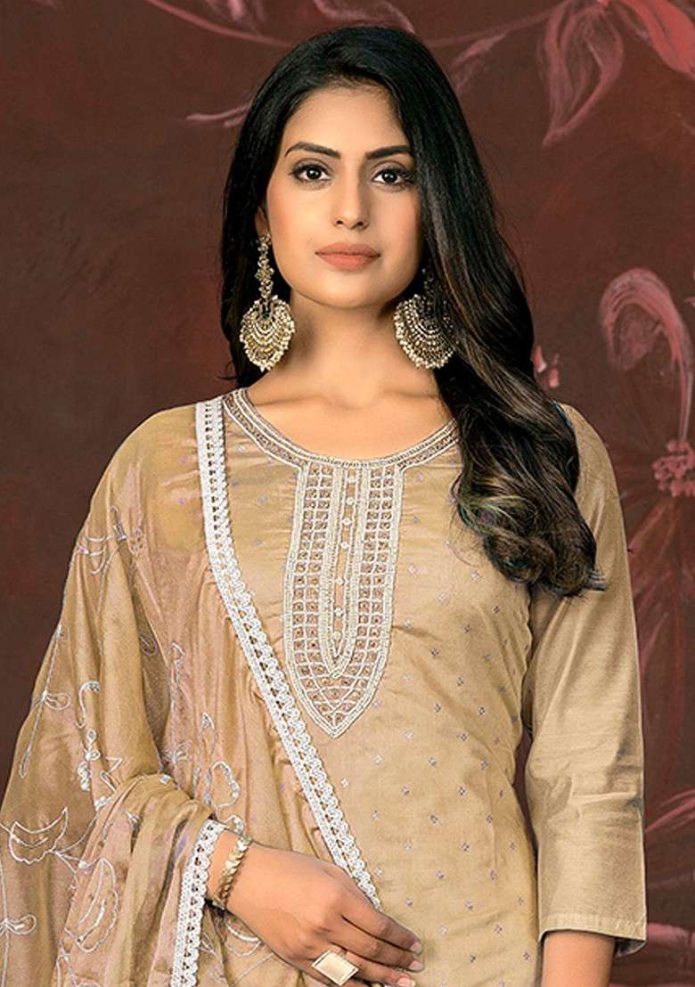 Beige Embroidered Blended Straight Kurta Set - Indya