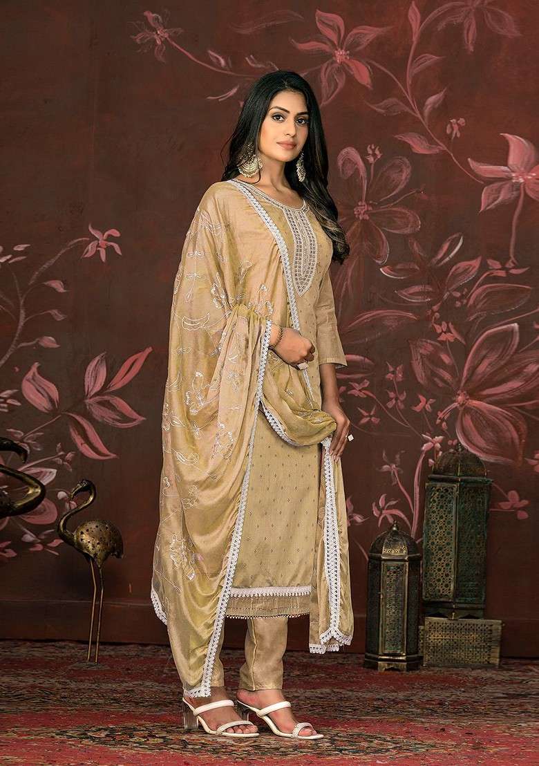 Beige Embroidered Blended Straight Kurta Set - Indya
