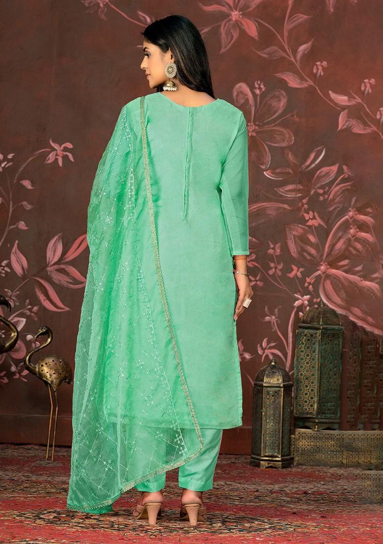 Green Floral Print Organza Kurta Set - Indya