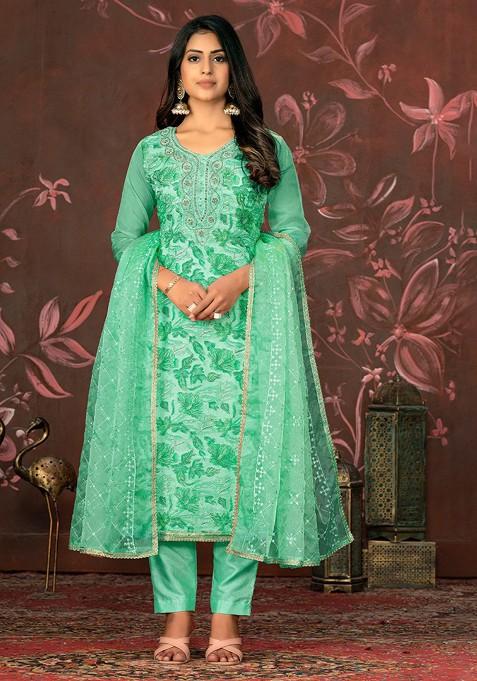 Green Floral Print Organza Kurta Set
