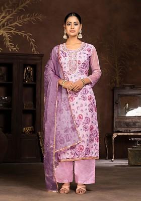 Purple Floral Print Organza Kurta Set