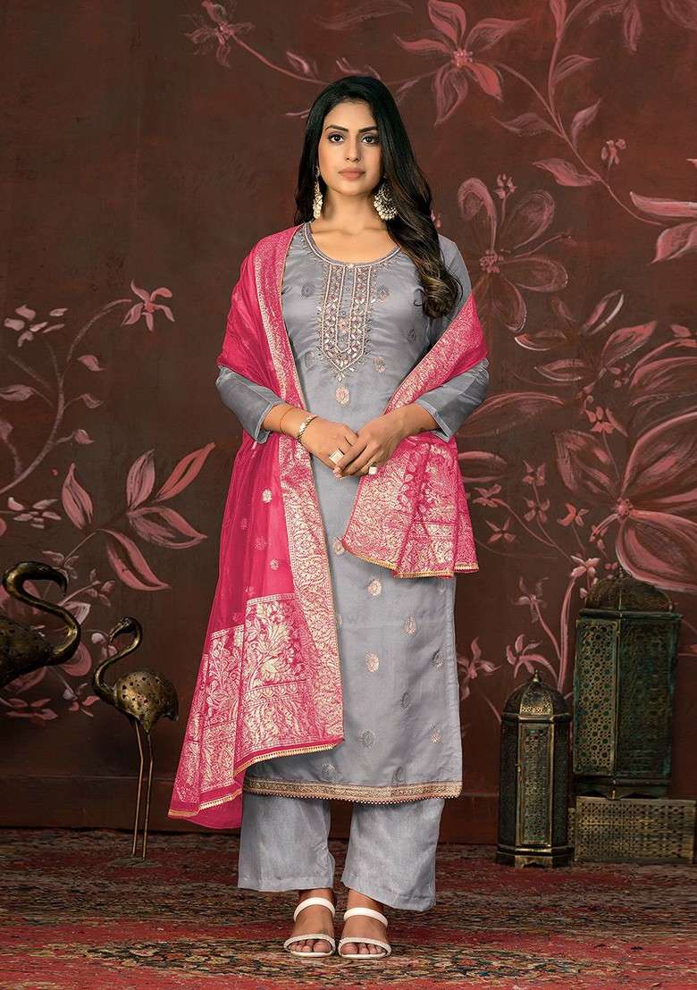 Grey Embroidered Organza Straight Kurta Set - Indya